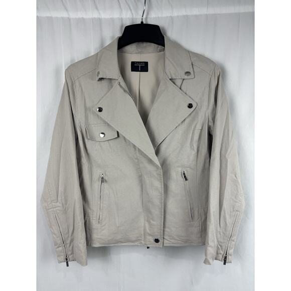 Tahari Women’s M Linen Tan Gray Moto Zip Up Jacket Utility Biker Western - Picture 1 of 8